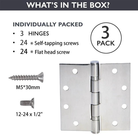 3-Pack Heavy Duty Commercial Door Hinge shown with included screws, featuring Silent Steel Plain Bearing, 4.5x4.5 inch, 3 mm thickness.