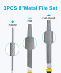 3 Piece 8 Inch High Carbon Steel Metal File Set Includes Flat Round And Half Round Files For Metal And Wood Smoothing Shaping Deburring Durable Hand Files With 62 To 66 HRC Hardness For Long Lasting Sharp Edges