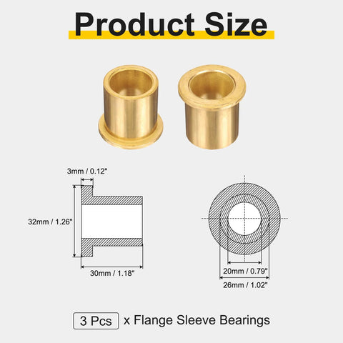 Image showing 3 Pcs Flange Sleeve Bearings With 20mm Bore, 26mm Outer Diameter, 30mm Length, 32mm Flange Diameter And 3mm Flange Thickness.