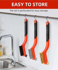 3pcs Wire Brushes for Cleaning Rust, hanging on hooks by a sink with brass, stainless steel, and nylon bristles, curved handle grip, 7 inches