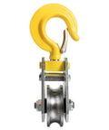 Front view of 3Ton Pulley Hook Heavy Duty Pulley Lifting Block Hoist with Hook for 5/8" Wire Rope Snatch Block 1Pack, yellow and steel.