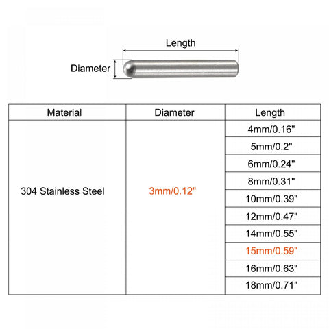 Diagram of 3x15mm Dowel Pins Set 50 Pcs 304 Stainless Steel Round Head Flat Chamfered End, highlighting dimensions