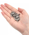 Hand holding 3x15mm Dowel Pins Set 50 Pcs 304 Stainless Steel Round Head Flat Chamfered End Dowel Pins for furniture assembly