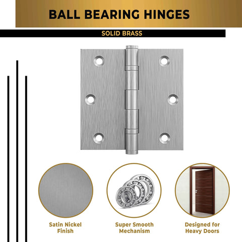 3x3 Inch Brass Ball Bearing Door Hinges For Residential And Commercial Doors, solid brass construction with satin nickel finish