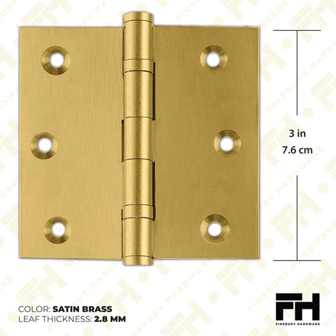 3x3 Inch Brass Ball Bearing Door Hinges For Residential And Commercial Doors, solid brass with satin brass finish, front view