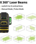 Achieve precise room layouts with a 3x360° green laser level shown with multiple layout options and features for self-leveling.