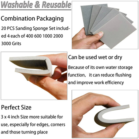 20 Pcs 3x4 Inch Sanding Sponge Set 400 600 1000 2000 3000 Grit For Wet Dry Use, hands holding gray sanding sponges