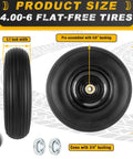 4.00-6 Flat Free Tire and Wheel Set of 2 with 13 inch solid polyurethane tires and 5/8 or 3/4 inch bearings.