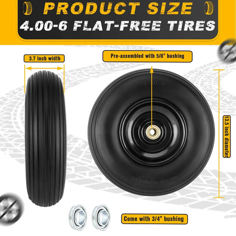 4.00-6 Flat Free Tire and Wheel Set of 2 with 13 inch solid polyurethane tires and 5/8 or 3/4 inch bearings.