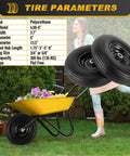 4.00-6 Flat Free Tire and Wheel Set of 2 with 13 inch solid polyurethane tires on a wheelbarrow in a garden setting.