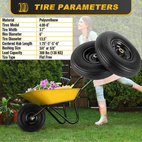 4.00-6 Flat Free Tire and Wheel Set of 2 with 13 inch solid polyurethane tires on a wheelbarrow in a garden setting.