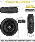 4.00-6 Flat Free Tire and Wheel Set, 13 Inch Solid Tires 2 Pack with 5/8 Inch Axle Bore dimensions including load capacity.