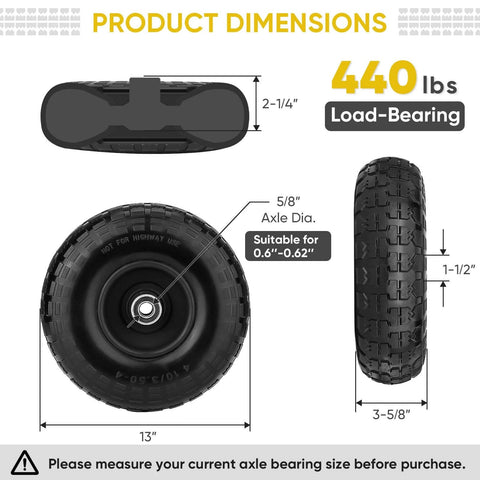 4.00-6 Flat Free Tire and Wheel Set, 13 Inch Solid Tires 2 Pack with 5/8 Inch Axle Bore dimensions including load capacity.