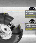 Close-up view of 4.10/3.50-4 Flat Free Tire showcasing solid internal plastic liner and pure PU foam construction.