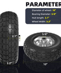 4.10/3.50-4 Flat Free Tire and Wheel Set of 4 with 10 inch solid rubber construction, showing dimensions and features.