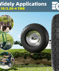 4.10/3.50-4 Flat Free Tire and Wheel Set of 4 showcasing solid rubber tire with iron hub for garden carts and dollies.