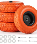 4.10 3.50-4 Flat Free Tire and Wheel Set of 4 with 10 inch solid urethane construction and iron hub visible from front view.