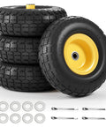 4.10/3.50-4 Flat Free Tire and Wheel Set of 4 with solid yellow wheels and black tires, ideal for hand trucks and wheelbarrows.