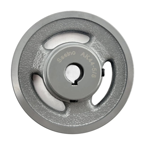Front view of 4.25 Inch V Belt Pulley for 5/8 Inch Bore Shaft, One Groove, Cast Iron, AK4458 Pulley by Saelno, anti-rust finish and precision-milled.