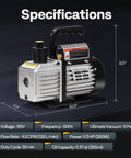Pro Grade 4.5 CFM HVAC Vacuum Pump For R134a R12 R22 R410a Systems displayed with specifications and dimensions