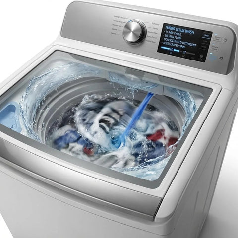 Front view of 4.5 Cu Ft Top Load Washer With Triple Action Impeller For Tough Dirt And Stains Express Wash For 3 Lb Loads In 30 Minutes.