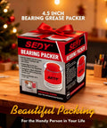 4.5-inch Premium Bearing Packer Kit in festive packaging on a workbench, Handy Wheel Bearing Packer Tool Portable Wheel Bearing Grease Packer