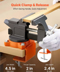 4.5 Inch Bench Vise With 270 Degree Swivel Base And Quick Release Rotating Clamp Cast Iron Portable Vise clamping a wooden board