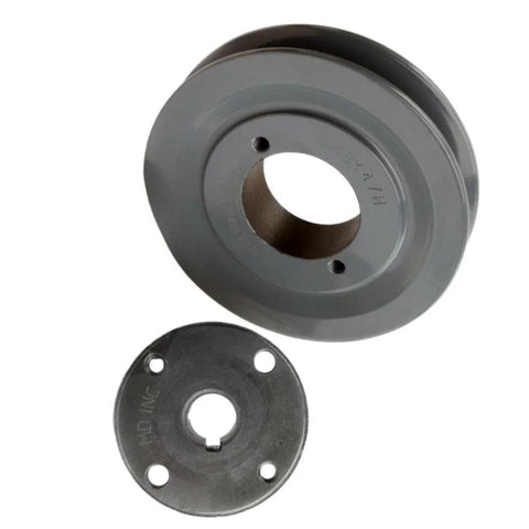 Durable 4.5 Inch Cast Iron Single Groove Pulley Designed For 5L Belts With A 5/8 Inch Bushing, shown disassembled