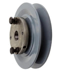 Durable 4.5 Inch Cast Iron Single Groove Pulley Designed For 5L Belts With A 5/8 Inch Bushing, side view of smooth gray pulley
