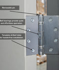 Commercial 4 Pack 4.5 Inch Ball Bearing Door Hinges Satin Chrome Finish installed on interior door frame with visible screws and labels.