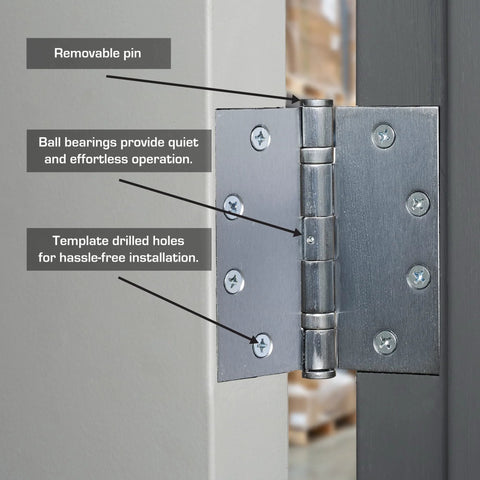 Commercial 4 Pack 4.5 Inch Ball Bearing Door Hinges Satin Chrome Finish installed on interior door frame with visible screws and labels.