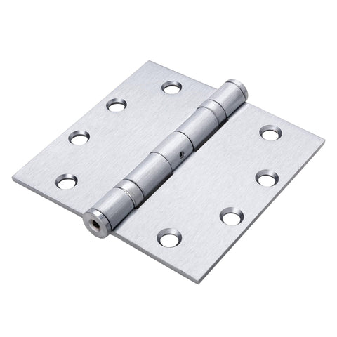 Close-up of single hinge from Commercial 4 Pack 4.5 Inch Ball Bearing Door Hinges Satin Chrome Finish for light to medium weight doors.