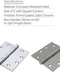 4 Pack 4.5 Inch Ball Bearing Door Hinges Prime Coated For Smooth Quiet Opening And Closing