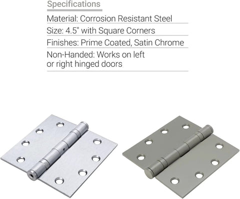 4 Pack 4.5 Inch Ball Bearing Door Hinges Prime Coated For Smooth Quiet Opening And Closing