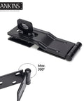 Four And A Half Inch Swivel Staple Safety Hasps With Twist Knob Locking For Fence Gate And Cabinet Heavy Duty Zinc Plated Steel Black Finish Anti Theft Design Keeps Doors Secure Without Padlock, with focus on 300-degree hinge functionality in black finish