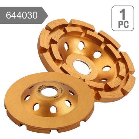 Diamond Concrete Grinding Wheel Four And One Half Inch Double Row Segmented Cup for angle grinder, front and side view