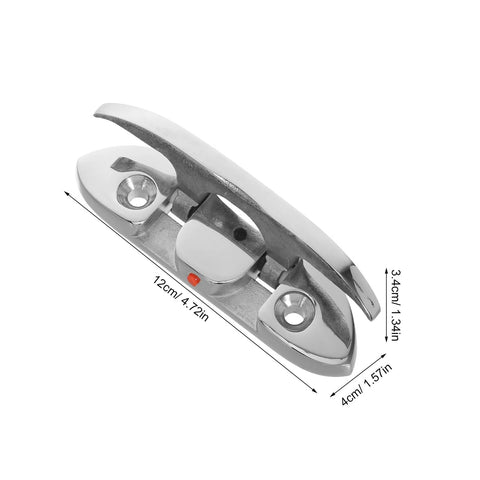 Angled view of folding marine-grade stainless steel boat cleat for mooring and tie-downs