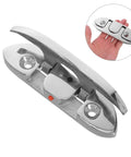 Close-up of folding marine-grade stainless steel boat cleat, 4.5-inch, for mooring and tie-downs.