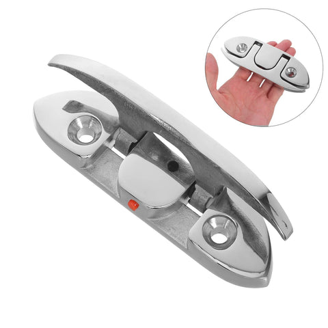 Close-up of folding marine-grade stainless steel boat cleat, 4.5-inch, for mooring and tie-downs.