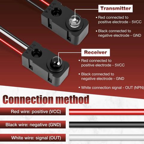 4 Pack Infrared Break Beam Sensor Kit With Split Transmitter And Receiver diagram showing wiring connection method for DIY electronics