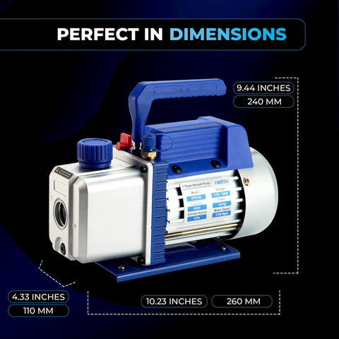 Powerful 4 CFM HVAC Vacuum Pump With Dual Inlet Ports, Hiatsu Pro Grade, detailed dimensions view