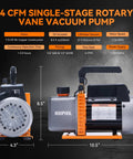 Heavy Duty HVAC Vacuum Pump With Four CFM And One Third HP Copper Motor For Auto AC Service Resin Degassing And Industrial Use Multi Refrigerant Compatible R12 R22 R134a R410a Delivers Fast Evacuation And 37.5 Micron Vacuum KOOPOOL shown with dimensions and features