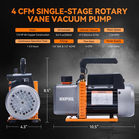 Heavy Duty HVAC Vacuum Pump With Four CFM And One Third HP Copper Motor For Auto AC Service Resin Degassing And Industrial Use Multi Refrigerant Compatible R12 R22 R134a R410a Delivers Fast Evacuation And 37.5 Micron Vacuum KOOPOOL shown with dimensions and features