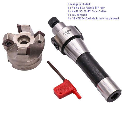 Heavy Duty 50mm Cutting Diameter 45 Degree 4 Flute Indexable CNC Face End Mill Shell Cutter KM12 50-22-4T with 0.87In Bore R8 FMB22 Arbor, SEKT1204 inserts and T20 wrench displayed