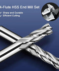 Close-up of 10 Piece 4 Flute End Mill Set In Metric Sizes From 2mm To 12mm HSS High Speed Steel For CNC Milling.