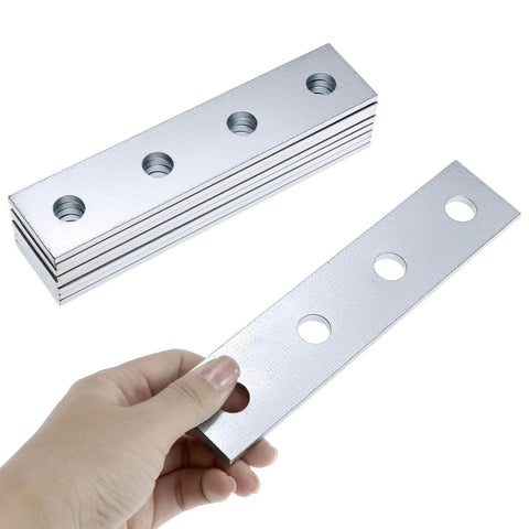 Nine Piece Flat Plate Connector Bracket Set For One Half Inch Bolts In One Five Eighth Inch Strut Channel Four Hole Design Thick 5mm Steel For Secure Fixing And Precise Alignment In Structural Framing And Repair.