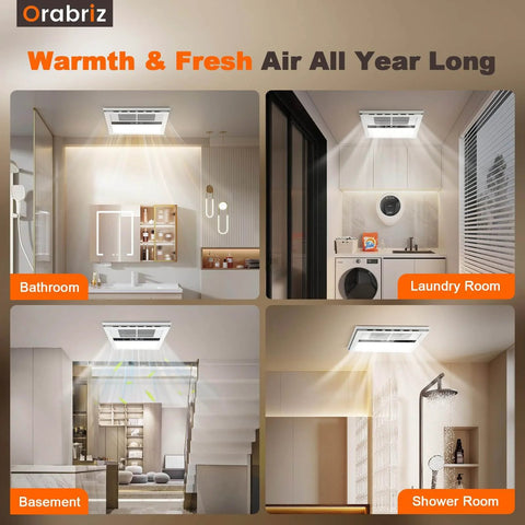 Installed 4 In 1 Bathroom Exhaust Fan With Heater Orabriz 1100W 2200W Dual Heating 220 CFM Quiet Ceiling Mount LED Light in various rooms