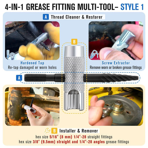 All In One Grease Zerk Fitting Tool Set for Install Remove Rethread with Removal Tool fits SAE and NPT sizes