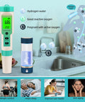 portable hydrogen water tester displaying pH, ORP, H2 levels and temperature with health benefits for weight control and sleep improvement
