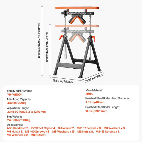 Technical diagram of the 4-in-1 Roller Stand, 440 lb Load Capacity, 33-50 in Adjustable Height, Folding Heavy Duty with Rack, showing dimensions and materials.